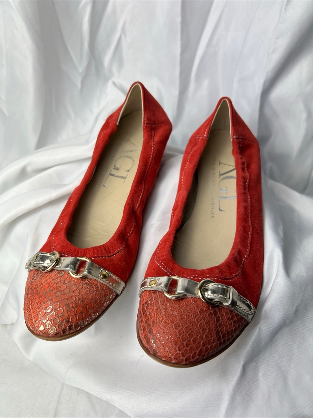 AGL Red Suede & Textured Leather Ballet Flats with Silver Buckle
